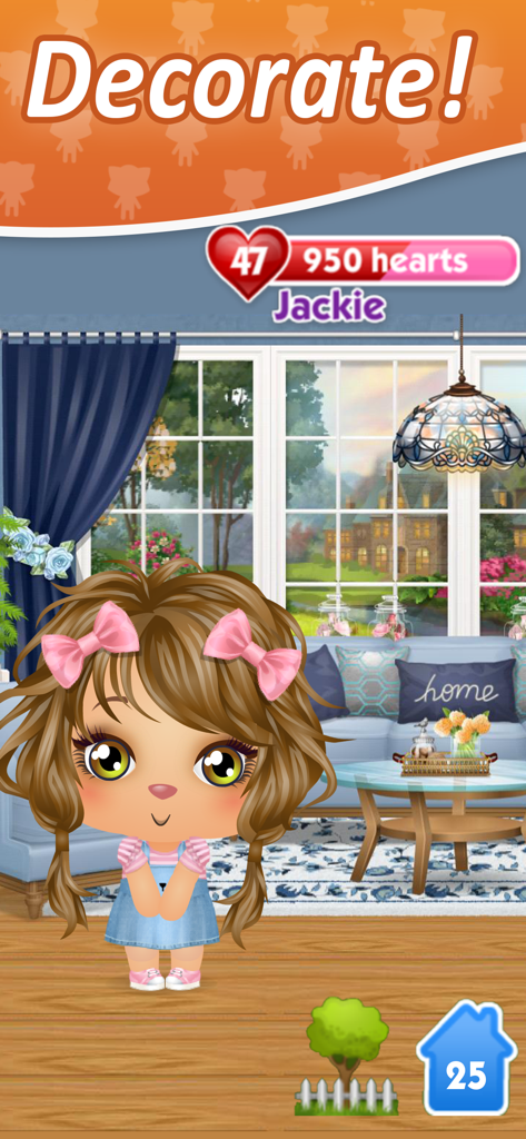 A cute virtual pet character standing in a stylishly decorated living room