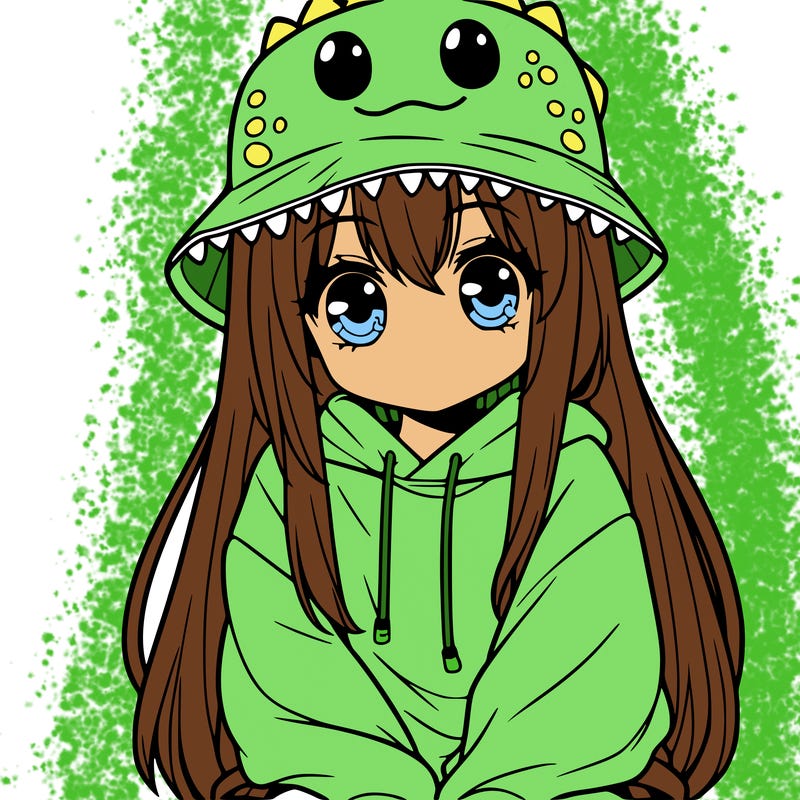 girl with anime shaped eyes with a dinosaur bucket hat oversized sweatshirt long straight hair