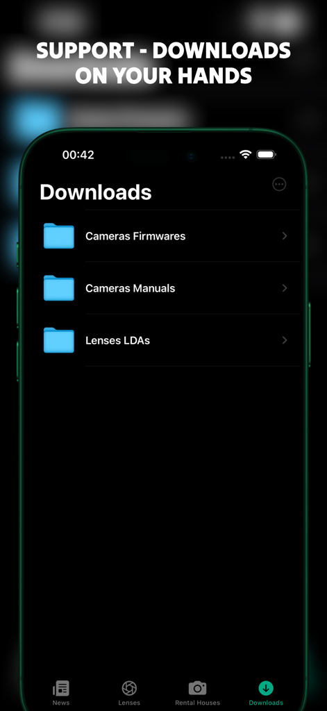 Downloads screen in Lens Rental app showing folders for camera firmware manuals and lens LDAs