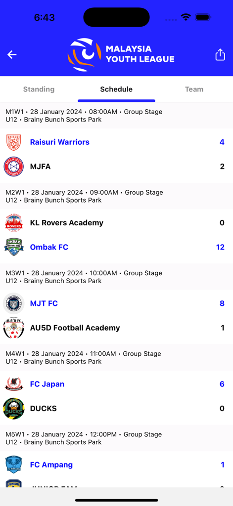 Malaysia Youth League - Mobile app interface showing the match schedule and scores for the Malaysia Youth League