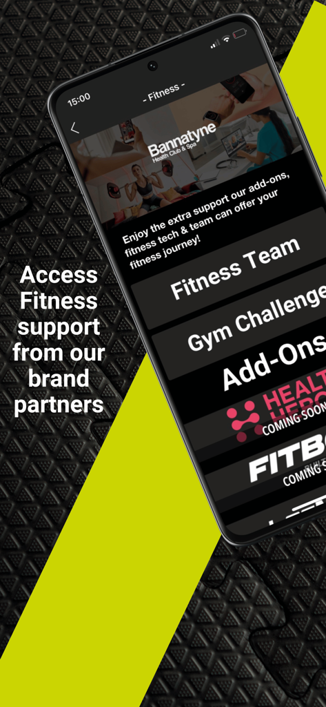 Bannatyne Health Club app showing fitness support and brand partners section