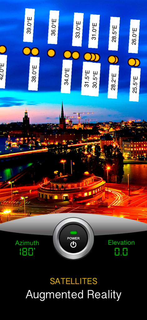 SatFinder Pro Satellite Finder - Interface do aplicativo SatFinder Pro mostrando uma visão de realidade aumentada de posições de satélite sobre um horizonte urbano à noite