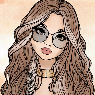 girl with long hair and freckles and glasses realistic