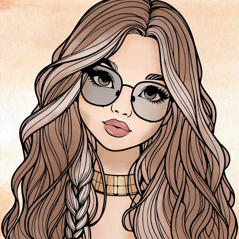 girl with long hair and freckles and glasses realistic