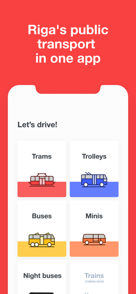 Transport LV - Main menu of the Transport LV app showing public transit options for Riga including trams and buses