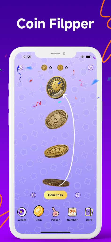 Wheel Spinner • Random Picker - Mobile app interface showing the random coin toss feature with animated coins and confetti.