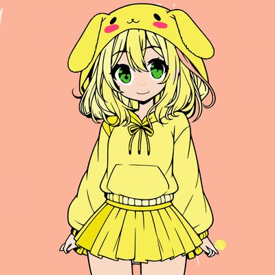 pretty anime girl wearing a fluffy hoodie with bunny ears on the hood and a skirt