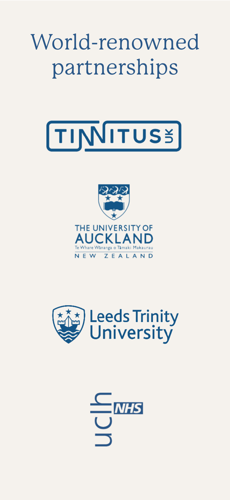 MindEar | Tinnitus Relief - Logos of MindEar clinical partners including Tinnitus UK, University of Auckland, Leeds Trinity University, and UCLH NHS