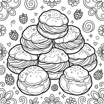 Indulge in a sweet coloring adventure with our delightful cream puffs page, perfect for young artists. Featuring large, clear shapes and fun background details, it's designed for hours of creative enjoyment.