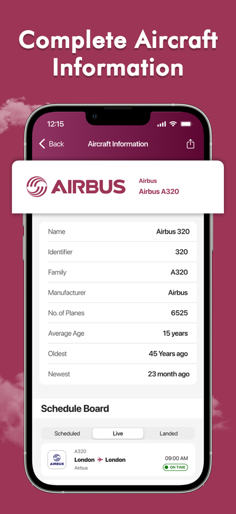Spot Planes - Flights tracker - Una pantalla móvil que muestra información detallada de aeronaves para un Airbus A320, incluyendo fabricante, antigüedad y horario.