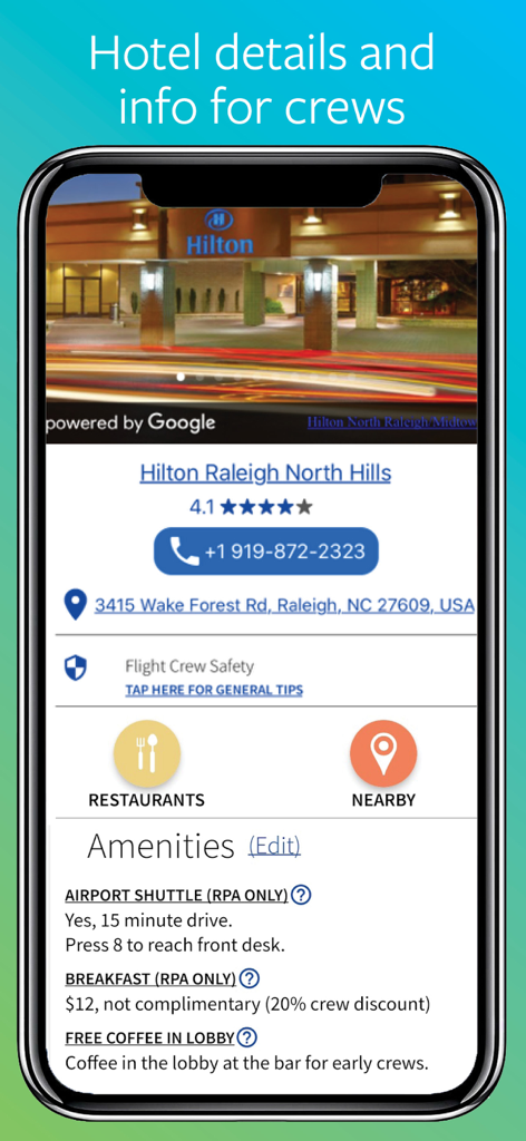 Hotel details and amenities for flight crew layovers