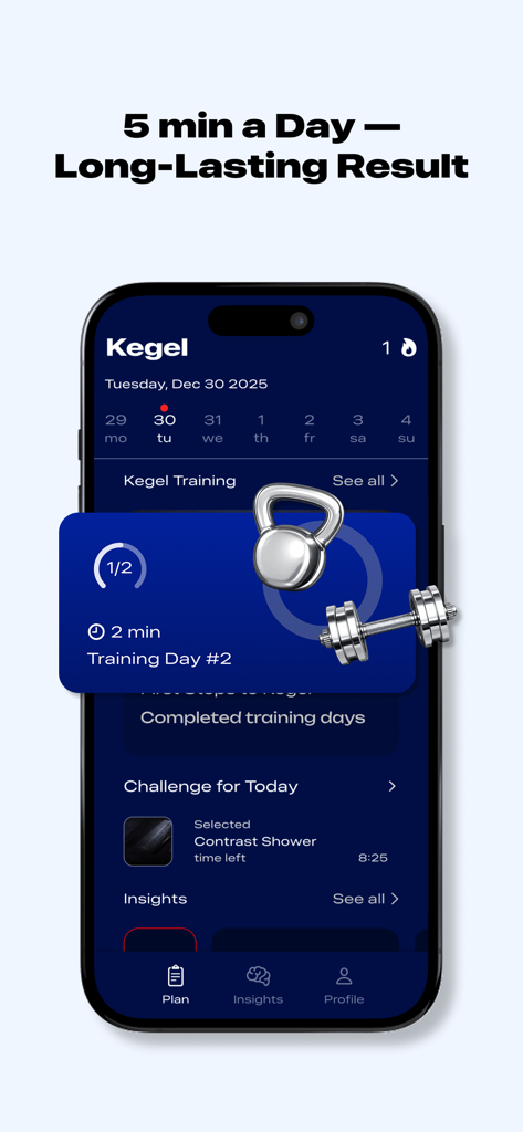 5分間の毎日のケーゲルトレーニングプランと男性向けの健康チャレンジを表示するモバイルアプリダッシュボード。