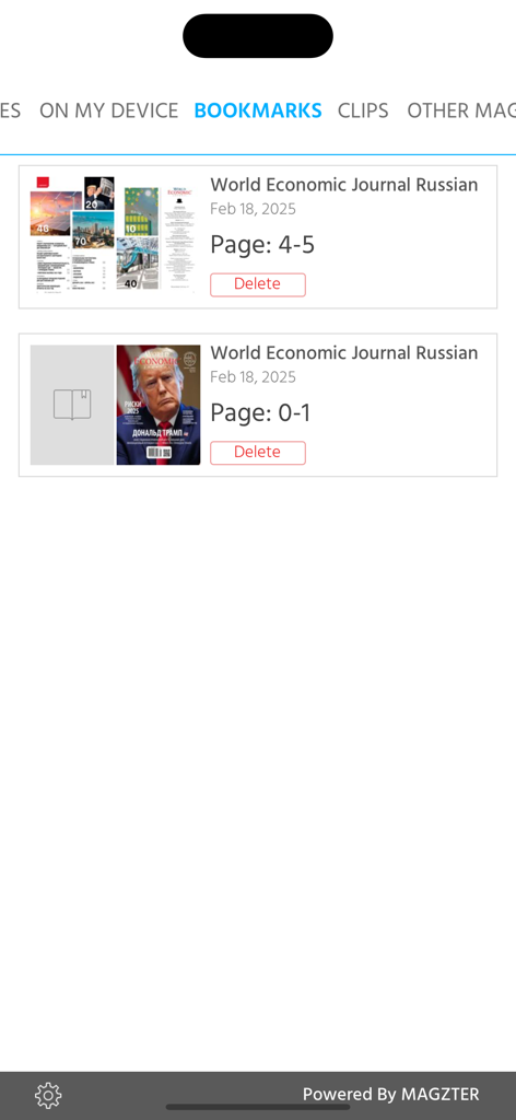 World Economic Journal Russian - 保存された雑誌のページと記事を表示するWorld Economic Journal Russianアプリのブックマーク画面。