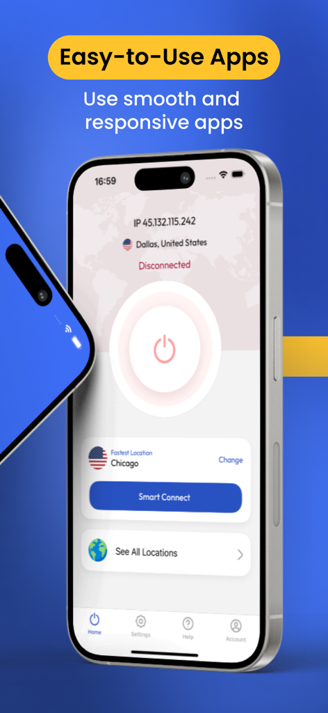 Application mobile FastestVPN sur iPhone montrant une interface utilisateur simple et réactive