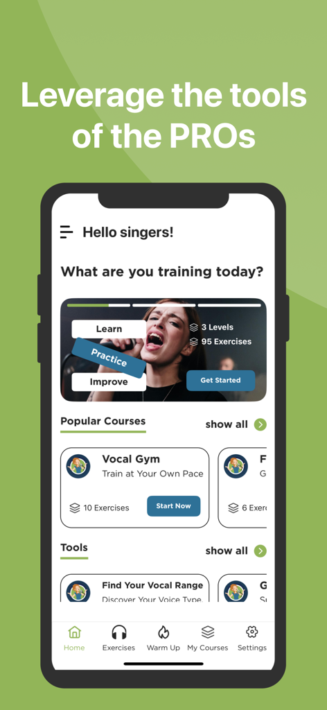 Singing Lessons: Learn to Sing - La pantalla de inicio de la aplicación Clases de Canto mostrando cursos vocales y herramientas de práctica.