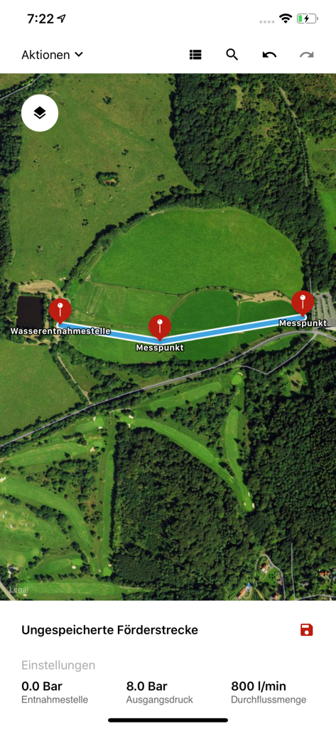 Feuerwehr Wasserförderung - Satellitenkarte, die eine geplante Wasserversorgungsroute mit Durchflussrate und Druckeinstellungen für Feuerwehreinsätze zeigt