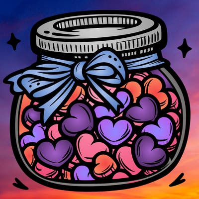 a jar filled with heart-shaped candies and a ribbon around the neck.