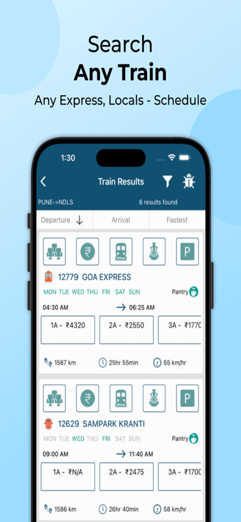 PNR, Live Train Status & Metro - Uma tela de aplicativo móvel mostrando os resultados da pesquisa de trem das Ferrovias Indianas com horários e preços de passagens