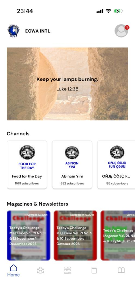 ECWA INTL. - Mobile app interface for ECWA INTL showing daily Bible study channels and religious magazines.
