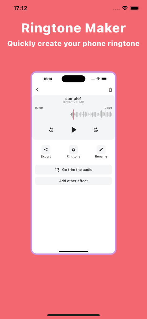 Audio Editor | MP3 Converter - Interfaz de la función Creador de Tonos de Llamada en la aplicación Editor de Audio mostrando recorte de audio y efectos