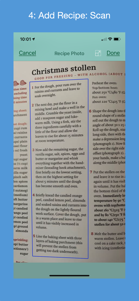 iPhone screenshot of Recipe Collector app scanning a physical Christmas stollen recipe from a cookbook using OCR technology