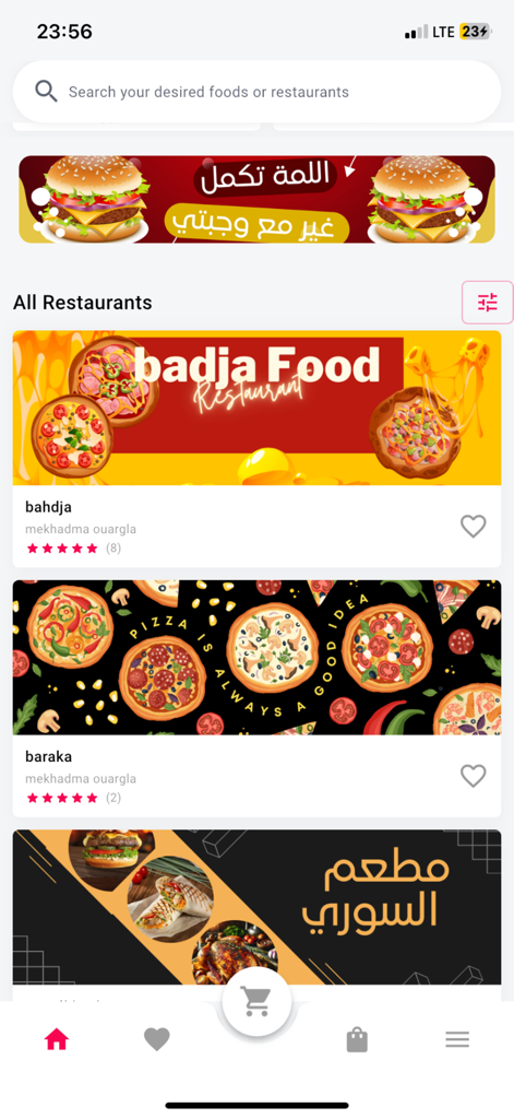 The Wajbati app home screen showing restaurant listings and promotional banners for burgers and pizza