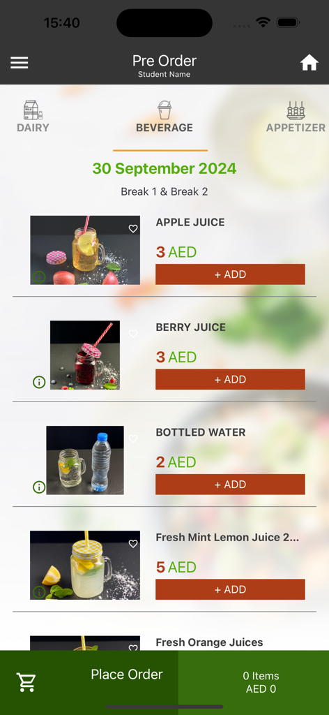 Hot Oven Cafe - Hot Oven Cafe App-Bildschirm, der eine Liste gesunder Getränke zeigt, die zur Vorbestellung von Mahlzeiten für Schüler verfügbar sind.