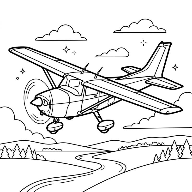 Take to the skies with this delightful light aircraft coloring page, specially crafted for seniors. Its clear outlines and spacious design offer an accessible and engaging artistic experience, perfect for relaxation.