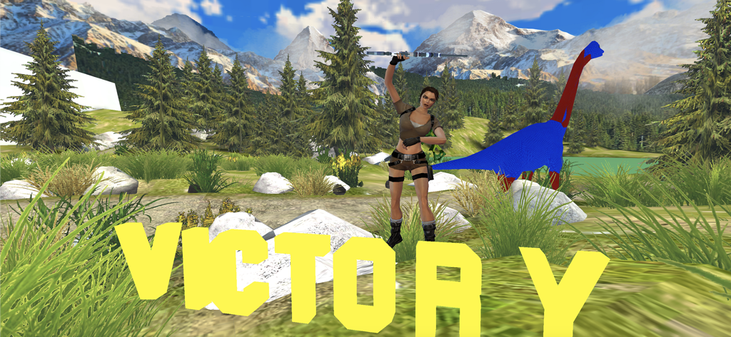 Wild Dino Hunting Gun Games 3d - Pantalla de victoria de Wild Dino Hunting Gun Games 3d con una cazadora y un dinosaurio en un paisaje montañoso