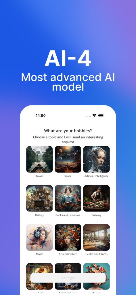 AI ChatBot: Assistant Chat - KI Chatbot Assistent-Bildschirm, der ein Raster von Interessenskategorien wie Reisen, Weltraum und Musik zeigt.
