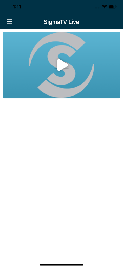 Captura de pantalla de la aplicación móvil SigmaLive que muestra la interfaz de transmisión en vivo de SigmaTV con un botón de reproducción