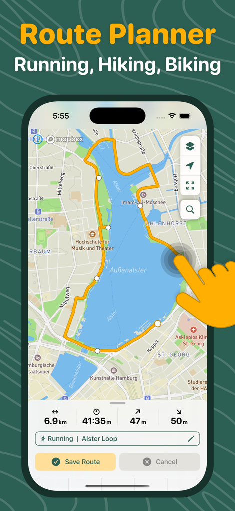 Loop Maps My Run Route Planner - Smartphone screen showing the Loop Maps app interface planning a custom circular running route around a lake with distance and time statistics.