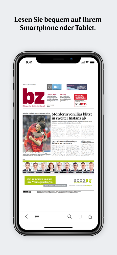 Smartphone screen displaying the digital newspaper layout of the bz Zeitung aus Basel E-Paper app