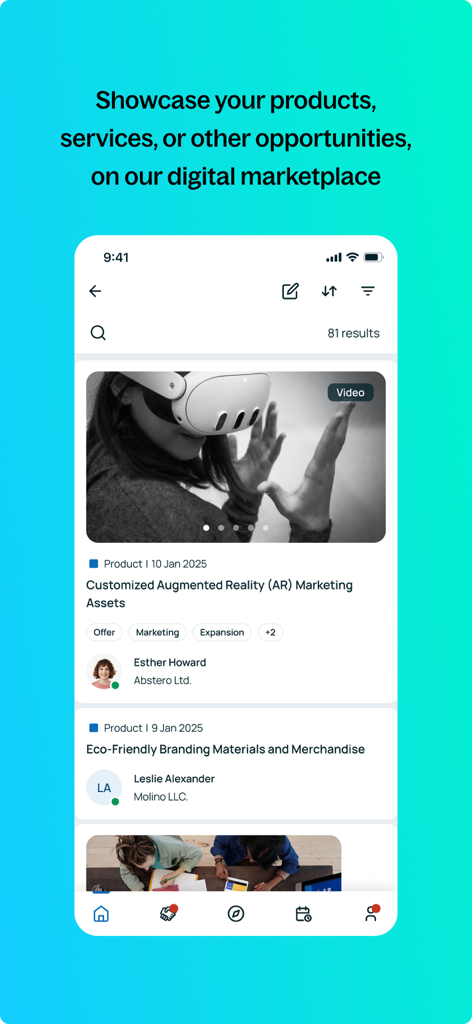 Captura de tela do app b2match mostrando um marketplace digital com listagens de ativos de marketing em RA e materiais de branding.