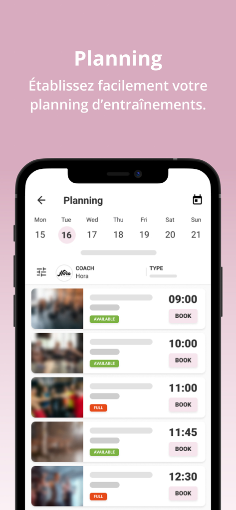 Hora - Mobile app interface of Hora showing a workout planning calendar with session booking slots