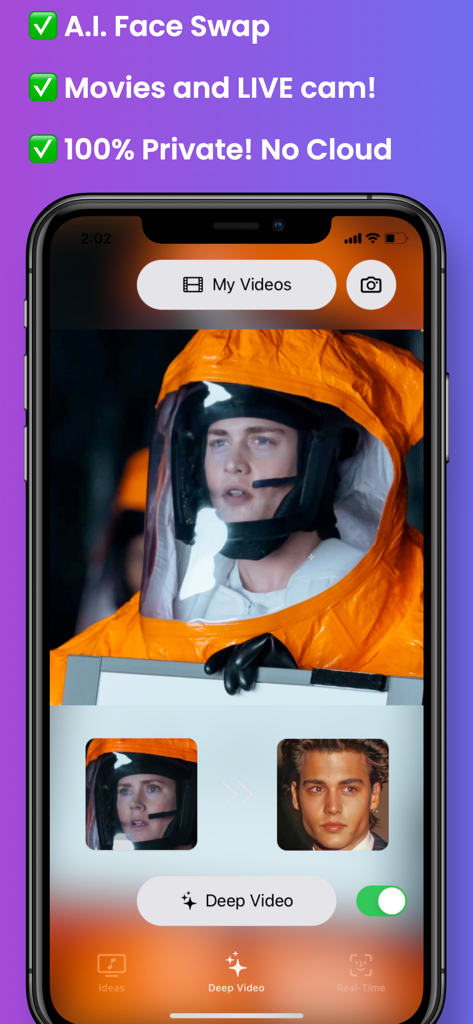 Interface de l'application Real Deep montrant un échange de visages par IA sur une scène de film avec des fonctionnalités de traitement privé sur l'appareil.