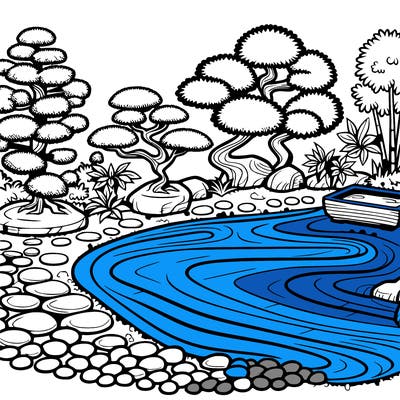 a serene zen garden with raked gravel, bonsai trees, and tranquil ponds