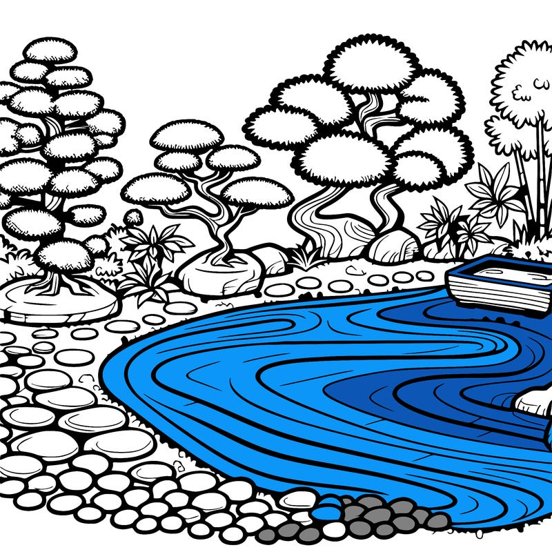 a serene zen garden with raked gravel, bonsai trees, and tranquil ponds