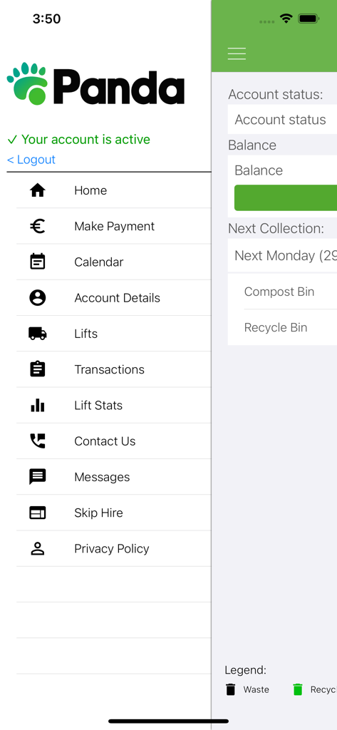 Panda Waste - Panda Waste app interface showing the account navigation menu and upcoming bin collection schedule.