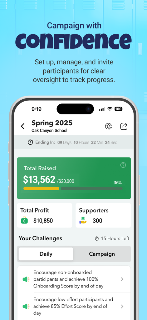 MoneyDolly - Interface of the MoneyDolly app displaying progress and statistics for a school fundraising campaign