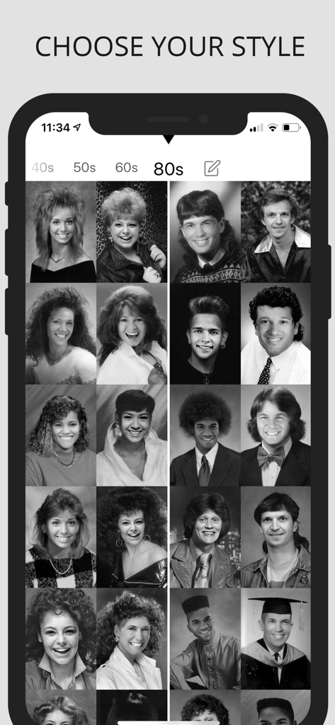 Un menú en la app Oldbooth que muestra varios retratos retro en blanco y negro de los 80 para intercambio de caras.