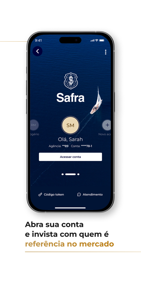 Safra: investimentos e conta - Safra investment and banking app login screen displayed on a smartphone