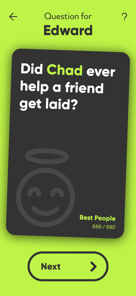 A screenshot of the Did They? party app showing an adult icebreaker question on a digital game card.