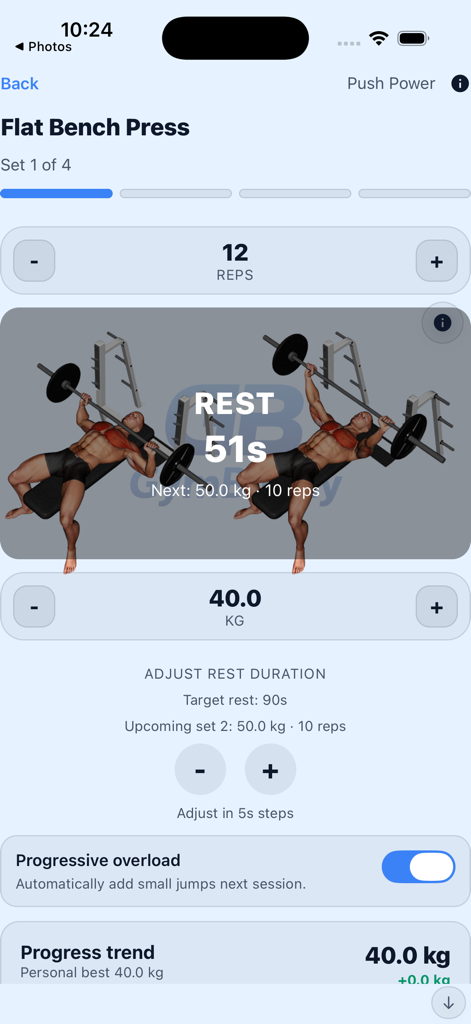 GymBuddy 1 - Workout interface of GymBuddy app tracking bench press reps and weight with a rest timer