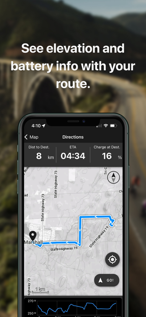 Trek Central - Trek Central app screen displaying a map route with distance, ETA, and battery charge information