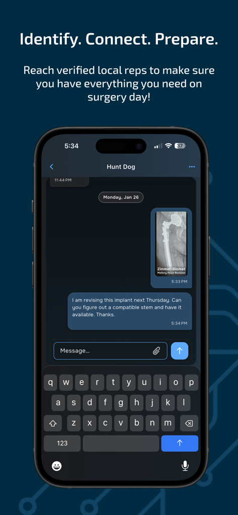 Implant Identifier - Implant Identifier app chat interface for connecting with medical device representatives.