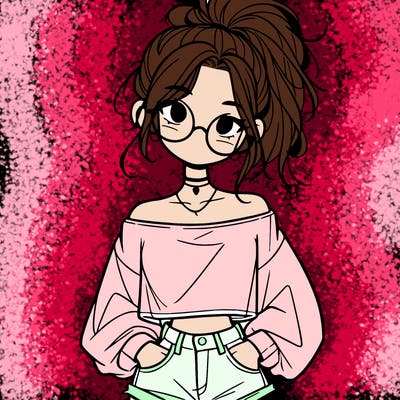 girl with a messy ponytail glasses a baggy crop top and jean shorts