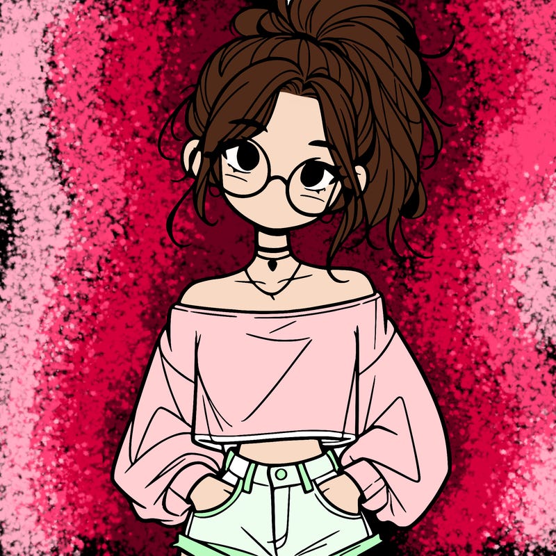 girl with a messy ponytail glasses a baggy crop top and jean shorts