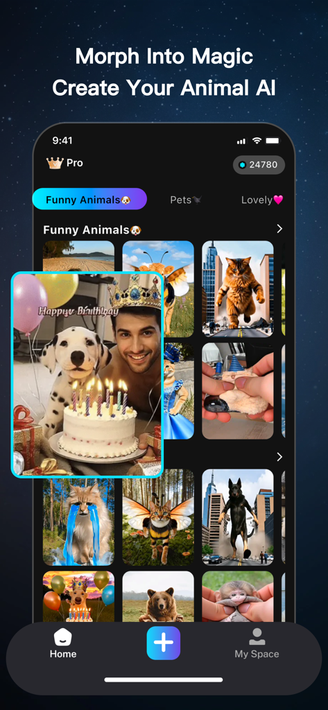Movia AI: Photo to Video Maker - Interfaz de la app Movia AI mostrando divertidas animaciones de fotos de animales y funciones de creación de video
