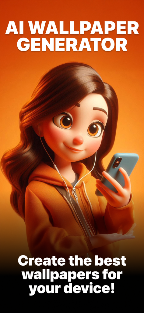 AI Art Image Generator LUX - A 3D animated girl in an orange hoodie holding a smartphone under the text AI Wallpaper Generator